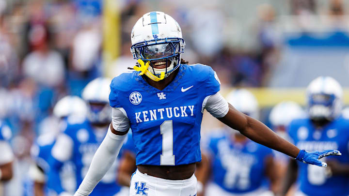 Sep 21, 2024; Lexington, Kentucky, USA; Kentucky Wildcats defensive back Maxwell Hairston (1) runs onto the field before the game against the Ohio Bobcats at Kroger Field. Sep 21, 2024; Lexington, Kentucky, USA; Kentucky Wildcats defensive back Maxwell Hairston (1) runs onto the field before the game against the Ohio Bobcats at Kroger Field.