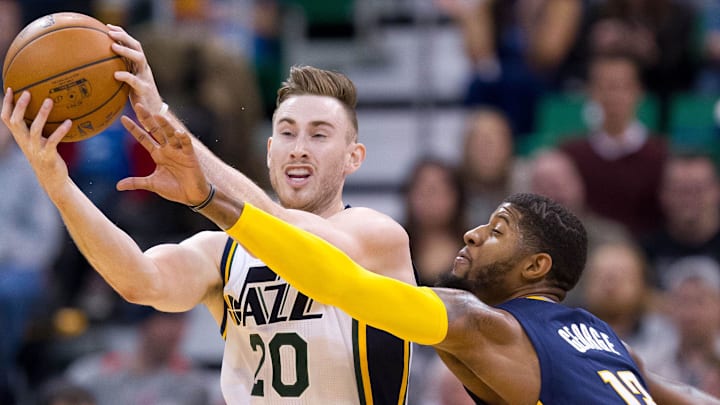 Dec 5, 2015; Salt Lake City, UT, USA; Indiana Pacers forward Paul George (13) defends against Utah Jazz forward Gordon Hayward (20) during the second half at Vivint Smart Home Arena. The Jazz won in overtime 122-119. Mandatory Credit: Russ Isabella-Imagn Images