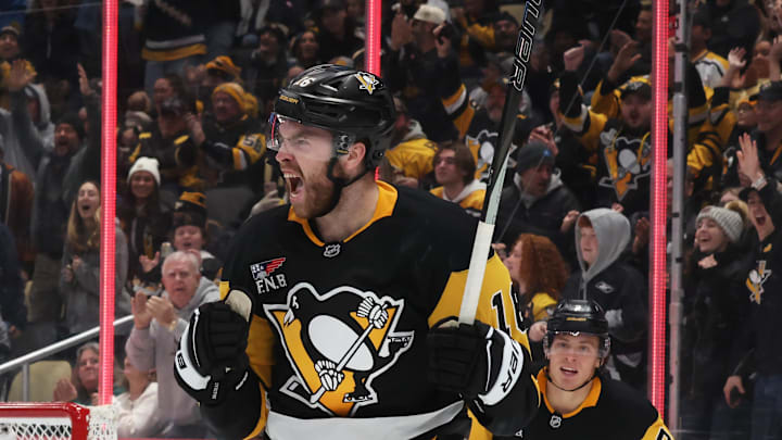 Dec 14, 2025; Pittsburgh, Pennsylvania, USA;  Pittsburgh Penguins right wing Justin Brazeau (16) reacts after scoring a goal against the Utah Mammoth during the third period at PPG Paints Arena. Mandatory Credit: Charles LeClaire-Imagn Images