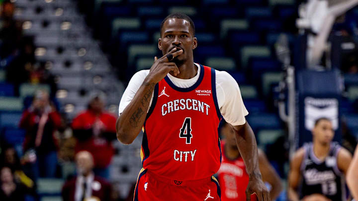 Feb 13, 2025; New Orleans, Louisiana, USA; New Orleans Pelicans guard Javonte Green (4) reacts to making a three point basket against the Sacramento Kings during the first half at Smoothie King Center. Mandatory Credit: Stephen Lew-Imagn Images Feb 13, 2025; New Orleans, Louisiana, USA; New Orleans Pelicans guard Javonte Green (4) reacts to making a three point basket against the Sacramento Kings during the first half at Smoothie King Center. Mandatory Credit: Stephen Lew-Imagn Images