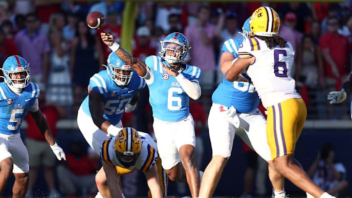 Sep 27, 2025; Oxford, Mississippi, USA; Mississippi Rebels quarterback Trinidad Chambliss (6) passes the ball during the fourth quarter against the LSU Tigers at Vaught-Hemingway Stadium. Mandatory Credit: Petre Thomas-Imagn Images