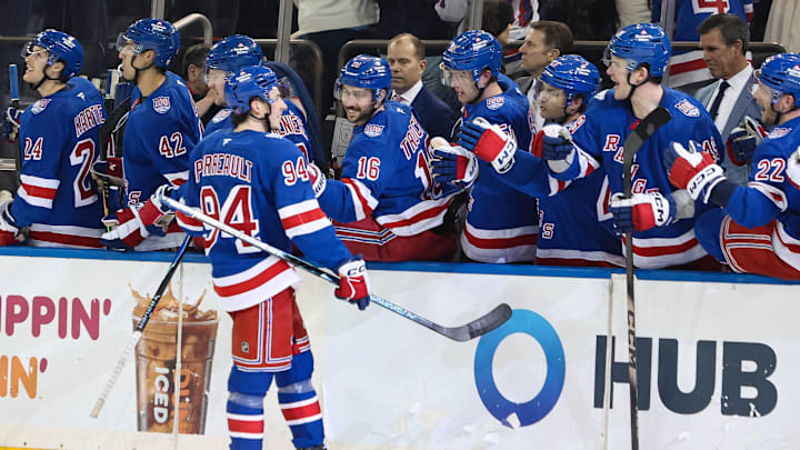Apr 4, 2026; New York, New York, USA; New York Rangers right wing Gabe Perreault (94) celebrates his hat trick against the Detroit Red Wings during the third period at Madison Square Garden. Mandatory Credit: Danny Wild-Imagn Images Apr 4, 2026; New York, New York, USA; New York Rangers right wing Gabe Perreault (94) celebrates his hat trick against the Detroit Red Wings during the third period at Madison Square Garden. Mandatory Credit: Danny Wild-Imagn Images