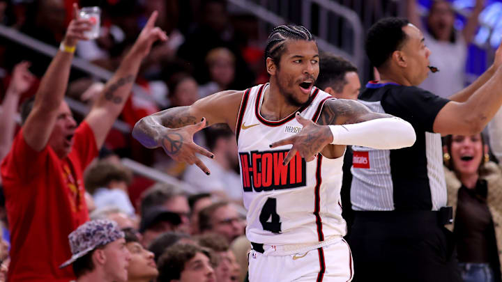 Apr 4, 2025; Houston, Texas, USA; Houston Rockets guard Jalen Green (4) reacts after a made basket against the Oklahoma City Thunder during the fourth quarter at Toyota Center. Mandatory Credit: Erik Williams-Imagn Images