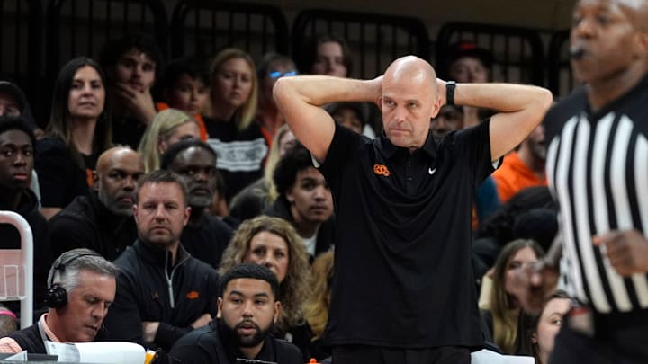 Oklahoma State coach Steve Lutz watches during a men's college basketball game between the Oklahoma State Cowboys and the Kansas Jayhawks at Gallagher-Iba Arena in Stillwater, Okla., Wednesday, Feb. 18, 2026.