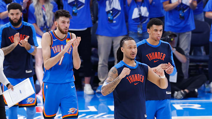 Jun 22, 2025; Oklahoma City, Oklahoma, USA; Oklahoma City Thunder thunder player react at the end of the third quarter during the second half of game seven of the 2025 NBA Finals at Paycom Center. Mandatory Credit: Alonzo Adams-Imagn Images