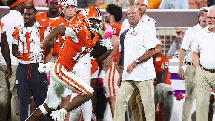 Oct 3, 2026; Clemson, South Carolina, USA;  Clemson Tigers wide receiver Bryant Wesco Jr. (12) runs the ball down the sideline during the fourth quarter against the Miami Hurricanes at Memorial Stadium.  Mandatory Credit: Ashley Tumlin-Imagn Images