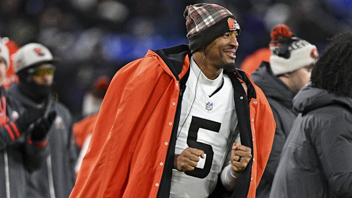 Jan 4, 2025; Baltimore, Maryland, USA; Cleveland Browns quarterback Jameis Winston (5) reacts during the game against Baltimore Ravens at M&T Bank Stadium. Mandatory Credit: Tommy Gilligan-Imagn Images