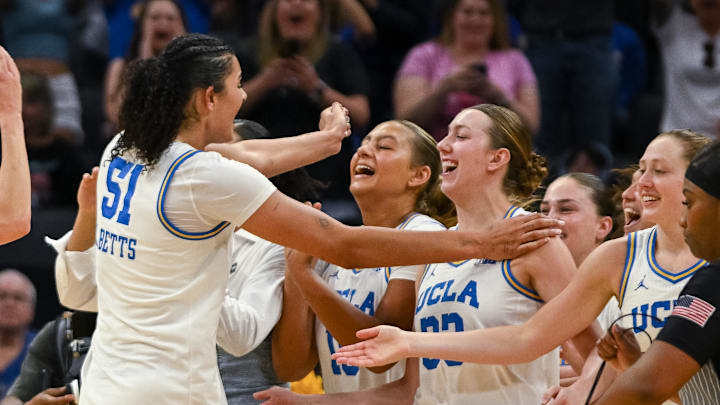 Mar 29, 2026; Sacramento, CA, USA; UCLA Bruins center Lauren Betts (51) celebrates with forward Angela Dugalić (32) after defeating the Duke Blue Devils in an Elite Eight game in the Sacramento Regional 4 of the women's 2026 NCAA Tournament at the Golden 1 Center. Mandatory Credit: Ed Szczepanski-Imagn Images