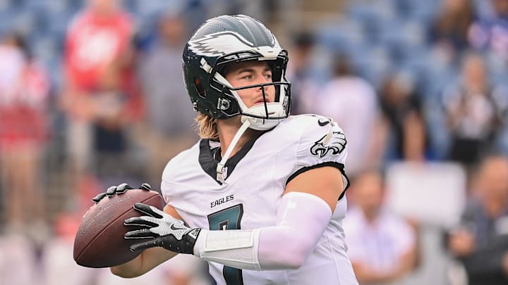 Aug 15, 2024; Foxborough, MA, USA; Philadelphia Eagles quarterback Kenny Pickett (7) warms up before a game against the New England Patriots at Gillette Stadium. Mandatory Credit: Eric Canha-Imagn Images