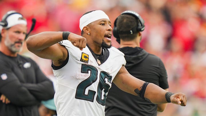 Sep 14, 2025; Kansas City, Missouri, USA; Philadelphia Eagles running back Saquon Barkley (26) reacts during the second half against the Kansas City Chiefs at GEHA Field at Arrowhead Stadium. Mandatory Credit: Jay Biggerstaff-Imagn Images