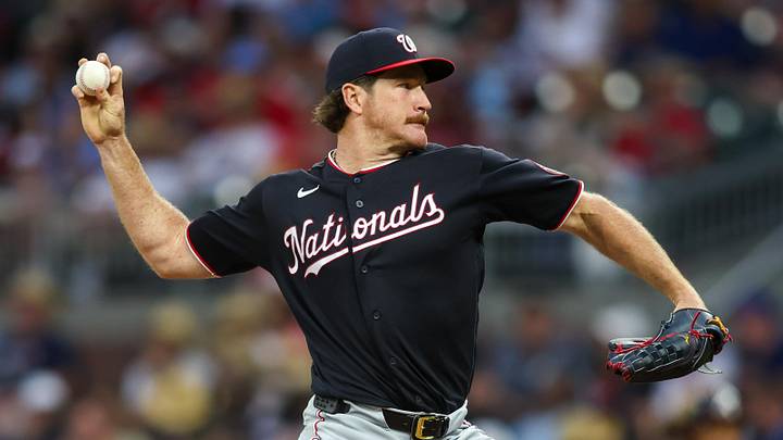 May 22, 2026; Atlanta, Georgia, USA; Washington Nationals pitcher Miles Mikolas (36) throws against the Atlanta Braves in the fifth inning at Truist Park. Mandatory Credit: Brett Davis-Imagn Images