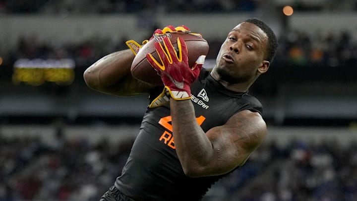 Mar 1, 2025; Indianapolis, IN, USA; Southern California running back Woody Marks (RB21) during the 2025 NFL Combine at Lucas Oil Stadium. Mandatory Credit: Kirby Lee-Imagn Images Mar 1, 2025; Indianapolis, IN, USA; Southern California running back Woody Marks (RB21) during the 2025 NFL Combine at Lucas Oil Stadium. Mandatory Credit: Kirby Lee-Imagn Images