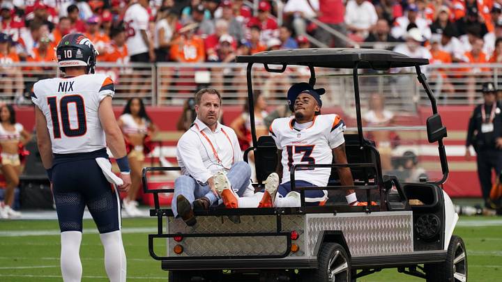 Oct 4, 2026; Santa Clara, California, USA;  Denver Broncos wide receiver Pat Bryant (13) is carted off the field with an apparent injury during the second half against the San Francisco 49ers at Levi's Stadium.  Mandatory Credit: Darren Yamashita-Imagn Images
