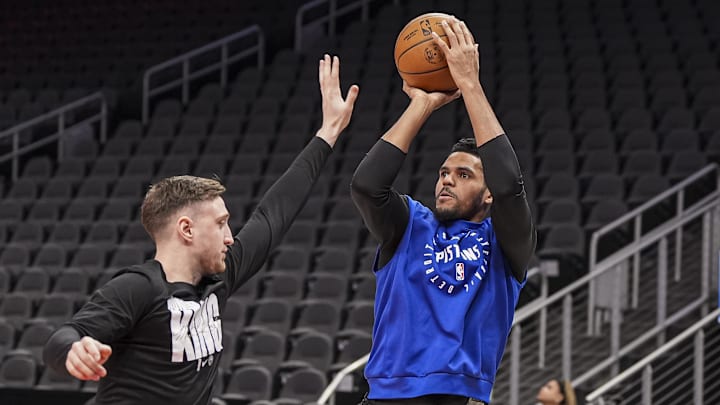 Jan 22, 2025; Atlanta, Georgia, USA; Detroit Pistons forward Tobias Harris (12) warms up on the court prior to the game against the Atlanta Hawks at State Farm Arena. Mandatory Credit: Dale Zanine-Imagn Images