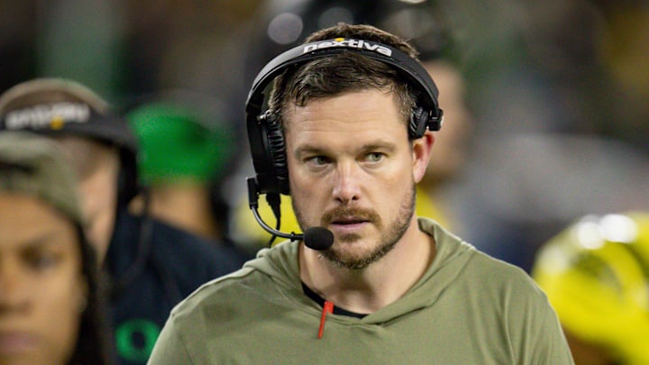 Oregon head coach Dan Lanning breaks from a huddle as the No. 6 Oregon Ducks host the USC Trojans Saturday, Nov. 11, 2023, at Autzen Stadium in Eugene, Ore.