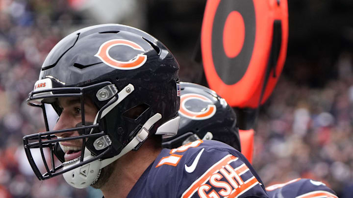 Oct 31, 2021; Chicago, Illinois, USA; Chicago Bears tight end Jesse James (18) reacts after catching a touchdown pass  against the San Francisco 49ers  during the second quarter at Soldier Field. Mandatory Credit: Mike Dinovo-Imagn Images