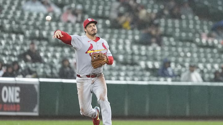May 28, 2025; Baltimore, Maryland, USA; St. Louis Cardinals third baseman Nolan Arenado (28) throws out Baltimore Orioles designated hitter Ramon Urias (29) (not pictured) after fielding a ground ball during the third inning at Oriole Park at Camden Yards. Mandatory Credit: Gregory Fisher-Imagn Images