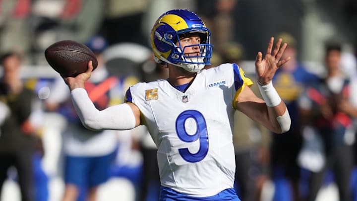 Nov 9, 2025; Santa Clara, California, USA; Los Angeles Rams quarterback Matthew Stafford (9) throws a pass during the first quarter against the San Francisco 49ers at Levi's Stadium. Mandatory Credit: Cary Edmondson-Imagn Images