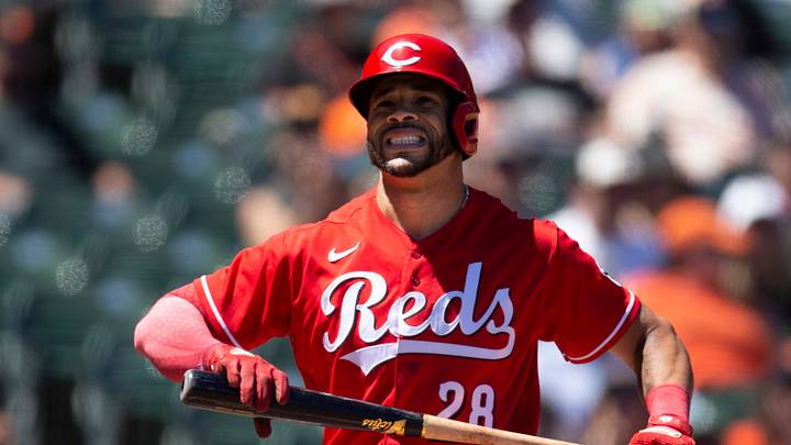 San Francisco, California, USA; Cincinnati Reds left fielder Tommy Pham (28) reacts to being called out on strikes against the San Francisco Giants during the sixth inning at Oracle Park. Mandatory Credit: D. Ross Cameron-USA TODAY Sports