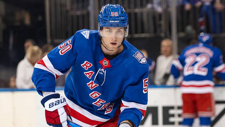 Apr 4, 2026; New York, New York, USA; New York Rangers left wing Will Cuylle (50) warms up before the first period against the Detroit Red Wings at Madison Square Garden. Mandatory Credit: Danny Wild-Imagn Images