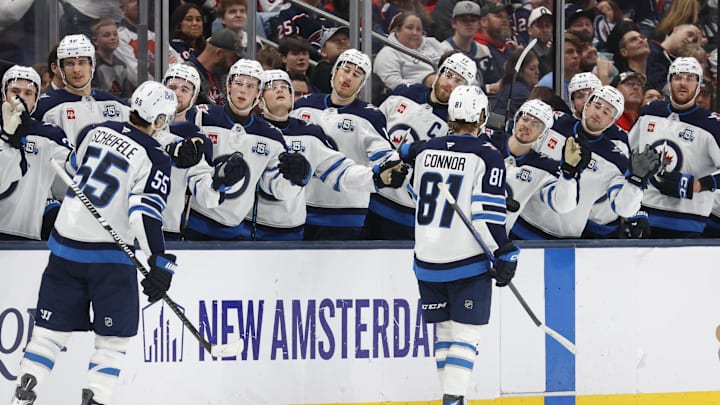 Apr 4, 2026; Columbus, Ohio, USA; Winnipeg Jets left wing Kyle Connor (81) celebrates his goal against the Columbus Blue Jackets during the third period at Nationwide Arena. Mandatory Credit: Russell LaBounty-Imagn Images
