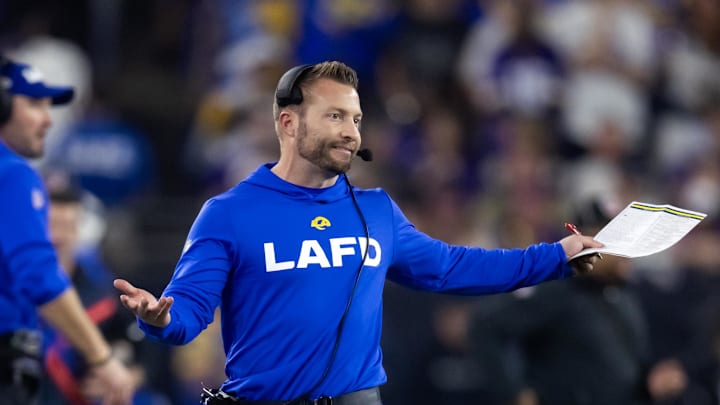 Jan 13, 2025; Glendale, AZ, USA; Los Angeles Rams head coach Sean McVay reacts against the Minnesota Vikings during an NFC wild card game at State Farm Stadium. Mandatory Credit: Mark J. Rebilas-Imagn Images