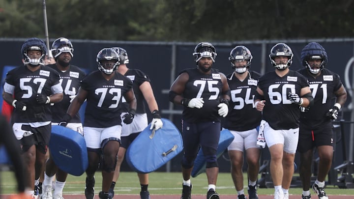 Jul 24, 2025; Houston, TX, USA; Houston Texans offensive linemen during training camp at Houston Methodist Training Center. Mandatory Credit: Troy Taormina-Imagn Images