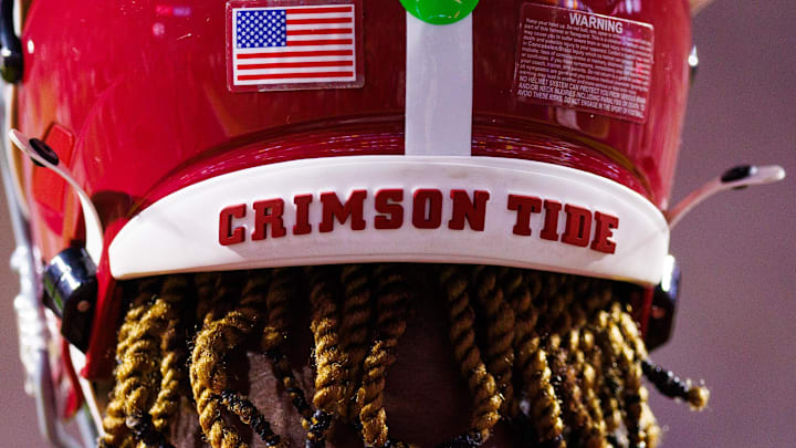 Nov 9, 2024; Baton Rouge, Louisiana, USA; Detailed view of the Alabama Crimson Tide helmet during the game against the LSU Tigers  at Tiger Stadium. Mandatory Credit: Stephen Lew-Imagn Images