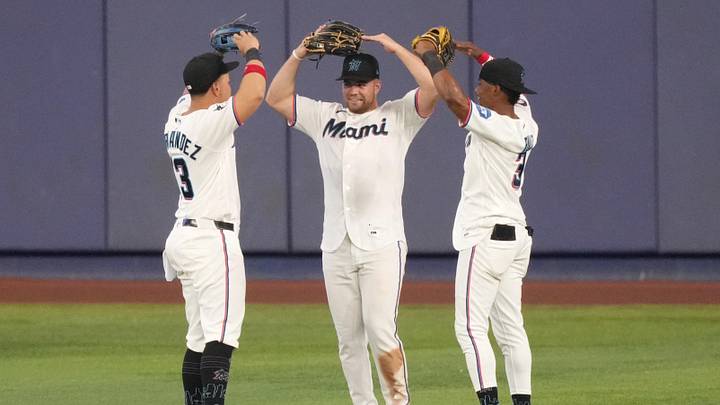 Miami Marlins left fielder Heriberto Hernández with Jakob Marsee Esteury Ruiz Miami Marlins left fielder Heriberto Hernández with Jakob Marsee Esteury Ruiz
