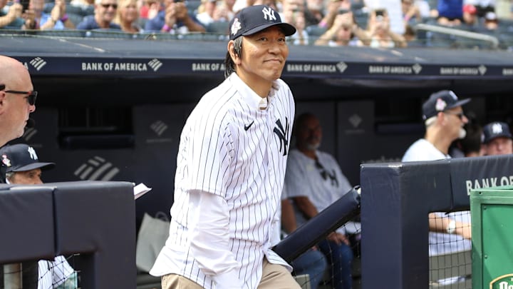 Sep 9, 2023; Bronx, New York, USA;  Former New York Yankees outfielder Hideki Matsui at Old Timer   s Day before the game against the Milwaukee Brewers at Yankee Stadium. Mandatory Credit: Wendell Cruz-Imagn Images