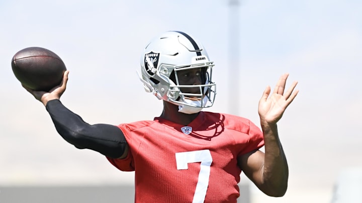 Jun 11, 2025; Henderson, NV, USA; Las Vegas Raiders quarterback Geno Smith (7) throws the ball during Las Vegas Raiders Minicamp at Intermountain Health Performance Center. Mandatory Credit: Candice Ward-Imagn Images