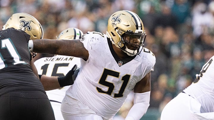 Nov 21, 2021; Philadelphia, Pennsylvania, USA; New Orleans Saints guard Cesar Ruiz (51) plays against the Philadelphia Eagles at Lincoln Financial Field. Mandatory Credit: Bill Streicher-Imagn Images