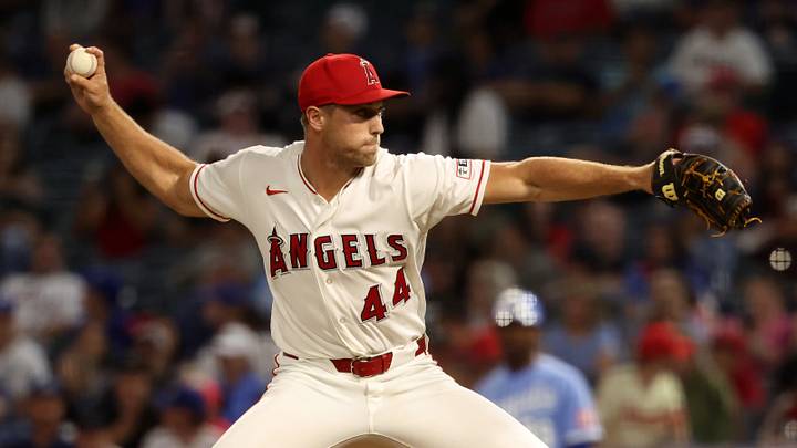 Aug 15, 2026; Anaheim, California, USA;  Los Angeles Angels pitcher Ben Joyce (44) pitches during the ninth inning against the Kansas City Royals at Angel Stadium. Mandatory Credit: Kiyoshi Mio-Imagn Images