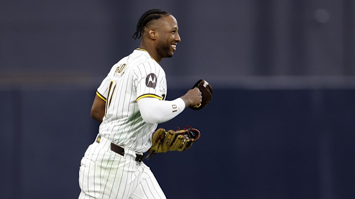 Oct 9, 2024; San Diego, California, USA; San Diego Padres outfielder Jurickson Profar (10) reacts after making a catch in the first inning against the Los Angeles Dodgers during game four of the NLDS for the 2024 MLB Playoffs at Petco Park. Mandatory Credit: David Frerker-Imagn Images