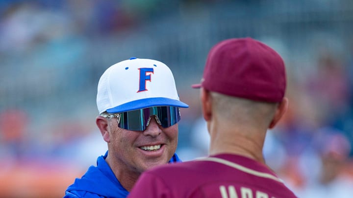 FloridaÕs Kevin OÕ Sullivan and FSUÕs Link Jarrett meet before the start of the game, March 10, 2026, at Condron Family Ballpark in Gainesville, Florida. [Cyndi Chambers/ Gainesville Sun] 2026