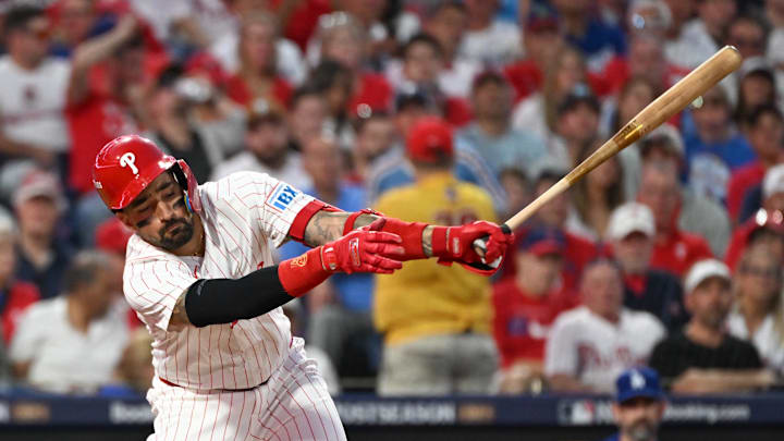 Oct 6, 2025; Philadelphia, Pennsylvania, USA; Philadelphia Phillies right fielder Nick Castellanos (8) strikes out against the Los Angeles Dodgers in the second inning during game two of the NLDS round for the 2025 MLB playoffs at Citizens Bank Park. Mandatory Credit: Eric Hartline-Imagn Images