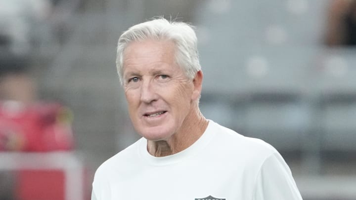 Aug 23, 2025; Glendale, Arizona, USA; Las Vegas Raiders head coach Pete Carroll looks on before the game against the Arizona Cardinals at State Farm Stadium. Mandatory Credit: Joe Camporeale-Imagn Images