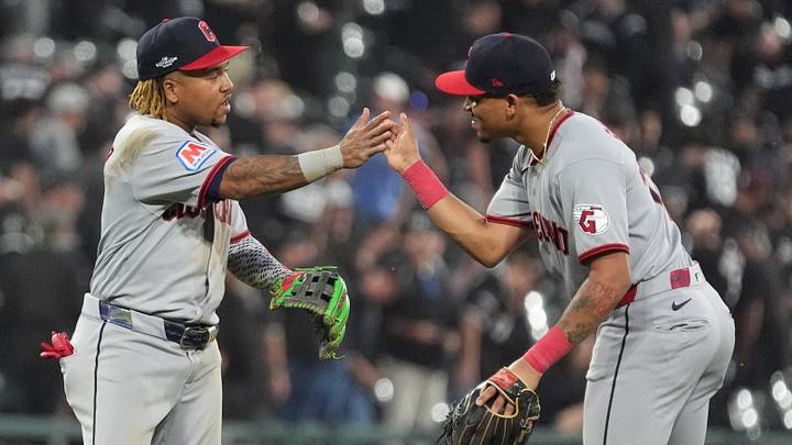 Oct 7, 2026; Chicago, Illinois, USA; Cleveland Guardians third baseman Jose Ramirez (11) celebrates with second baseman Angel Genao (17) after the Guardians beat the Chicago White Sox in game three of the ALDS for the 2026 MLB Playoffs at Rate Field. Mandatory Credit: David Banks-Imagn Images Oct 7, 2026; Chicago, Illinois, USA; Cleveland Guardians third baseman Jose Ramirez (11) celebrates with second baseman Angel Genao (17) after the Guardians beat the Chicago White Sox in game three of the ALDS for the 2026 MLB Playoffs at Rate Field. Mandatory Credit: David Banks-Imagn Images