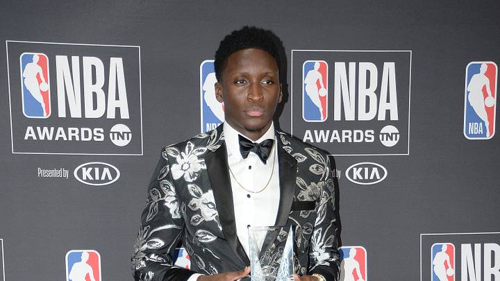 June 25, 2018; Santa Monica, CA, USA; Indiana Pacers guard Victor Oladipo poses for photos with his most improved player award during the NBA Award Show at Barker Hanger. Mandatory Credit: Gary A. Vasquez-USA TODAY Sports June 25, 2018; Santa Monica, CA, USA; Indiana Pacers guard Victor Oladipo poses for photos with his most improved player award during the NBA Award Show at Barker Hanger. Mandatory Credit: Gary A. Vasquez-USA TODAY Sports
