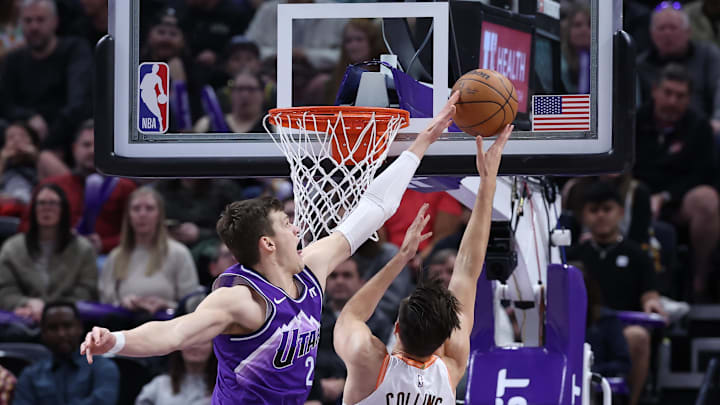 Feb 25, 2024; Salt Lake City, Utah, USA; Utah Jazz center Walker Kessler (24) blocks the shot of San