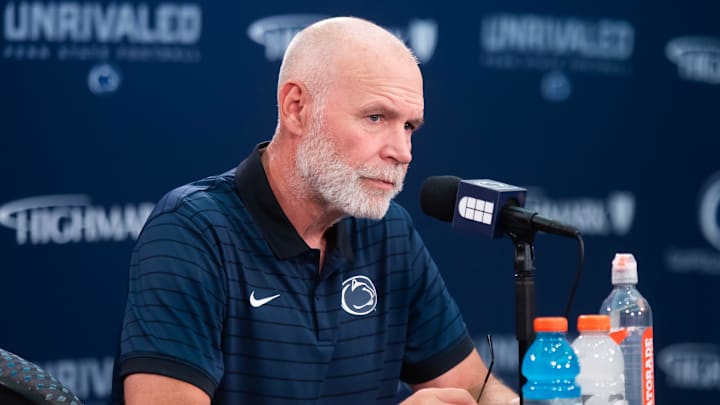 Penn State first-year defensive coordinator Jim Knowles talks with reporters during football media day in Beaver Stadium on Saturday, August 3, 2024, in State College. Penn State first-year defensive coordinator Jim Knowles talks with reporters during football media day in Beaver Stadium on Saturday, August 3, 2024, in State College.