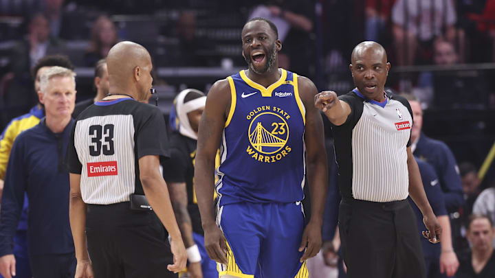 Apr 23, 2025; Houston, Texas, USA; Golden State Warriors forward Draymond Green (23) reacts during the second quarter during game two of the first round for the 2024 NBA Playoffs against the Houston Rockets at Toyota Center. Mandatory Credit: Troy Taormina-Imagn Images