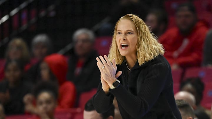 Feb 29, 2024; College Park, Maryland, USA;  Maryland Terrapins head coach Brenda Frese reacts during the first half against the Wisconsin Badgers at Xfinity Center. Mandatory Credit: Tommy Gilligan-Imagn Images