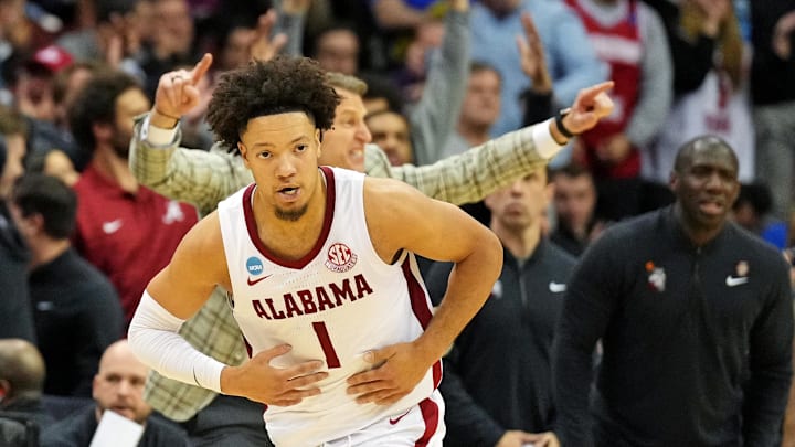 Mar 27, 2025; Newark, NJ, USA; Alabama Crimson Tide guard Mark Sears (1) celebrates after making a three pointer during the second half against the Brigham Young Cougars during an East Regional semifinal of the 2025 NCAA tournament at Prudential Center. Mandatory Credit: Robert Deutsch-Imagn Images