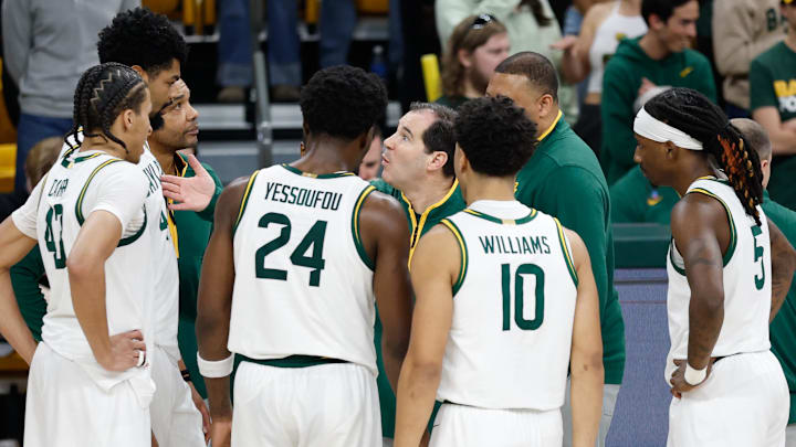 Feb 21, 2026; Waco, Texas, USA; Baylor Bears head coach Scott Drew speaks with his team during a timeout during the second half against the Arizona State Sun Devils at Paul and Alejandra Foster Pavilion. Feb 21, 2026; Waco, Texas, USA; Baylor Bears head coach Scott Drew speaks with his team during a timeout during the second half against the Arizona State Sun Devils at Paul and Alejandra Foster Pavilion.