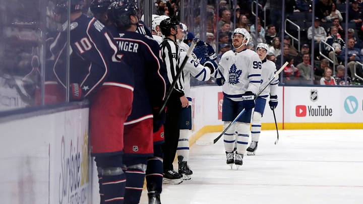 Oct 20, 2026; Columbus, Ohio, USA;  Toronto Maple Leafs center Jack Roslovic (96) celebrates his goal against the Columbus Blue Jackets during the second period at Nationwide Arena.  Mandatory Credit: Russell LaBounty-Imagn Images