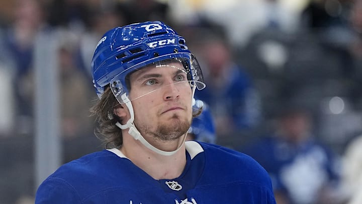 Apr 29, 2025; Toronto, Ontario, CAN; Toronto Maple Leafs left wing Matthew Knies (23) waits for a face-off against the Ottawa Senators in the third period during game five of the first round of the 2025 Stanley Cup Playoffs at Scotiabank Arena. Mandatory Credit: Nick Turchiaro-Imagn Images