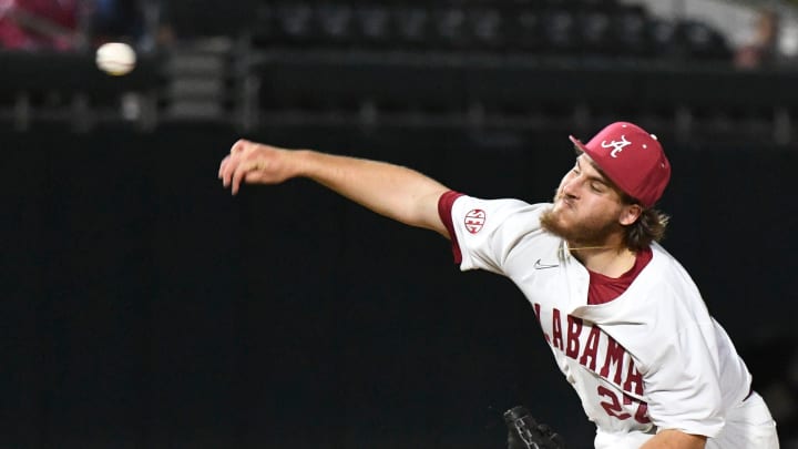 Mar 15, 2024; Tuscaloosa, Alabama, USA; Alabama starting pitcher Ben Hess makes a pitch against Tennessee at Sewell-Thomas Stadium in the first game of the SEC season for both teams.