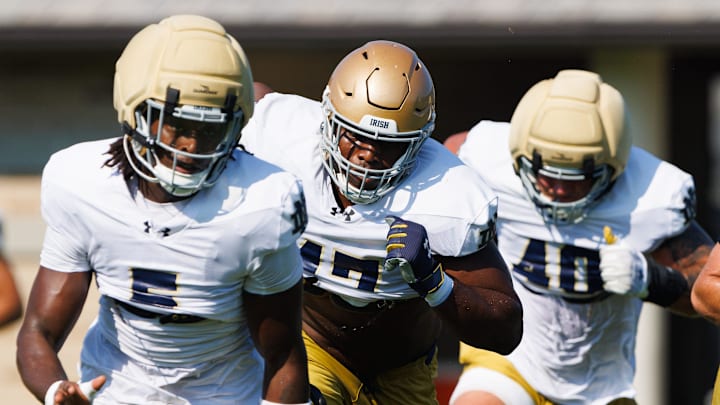 Notre Dame's defense runs a drill during a football practice at Irish Athletic Center on Sunday, Aug. 10, 2025, in South Bend.