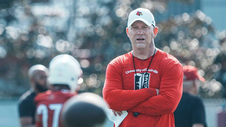 Louisville Cardinals head football coach Jeff Brohm at a morning practice Wednesday. July 30, 2025. The Cardinals' 2024 record: 9–4, 5–3 in the ACC. Louisville Cardinals head football coach Jeff Brohm at a morning practice Wednesday. July 30, 2025. The Cardinals' 2024 record: 9–4, 5–3 in the ACC.